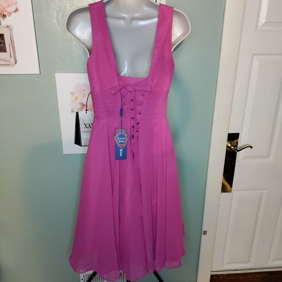 V Neck Midi Dress Chiffon Aline Pleat Lace Up Back In Pink - Picture 6 of 12